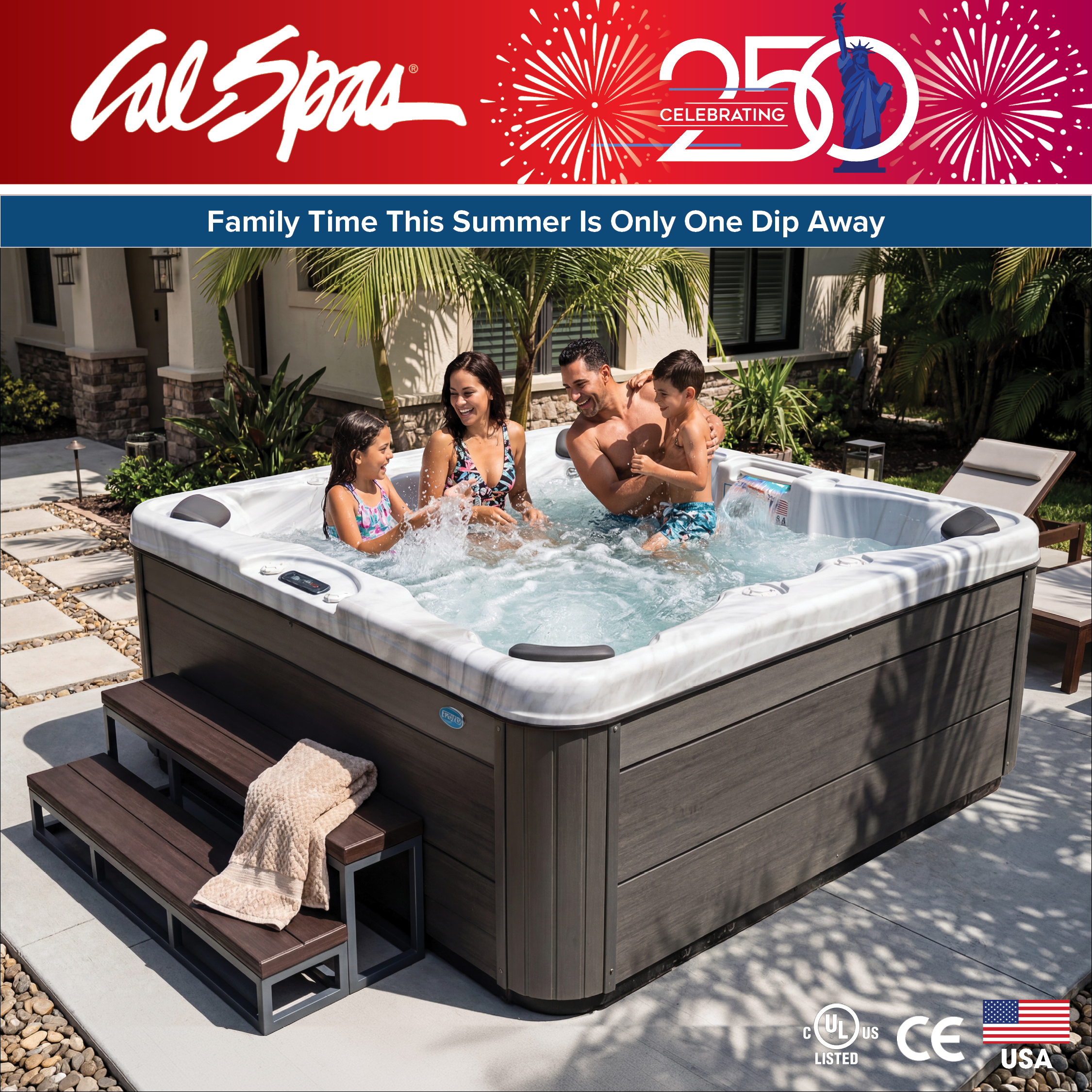 Calspas hot tub being used in a family setting - Mokana